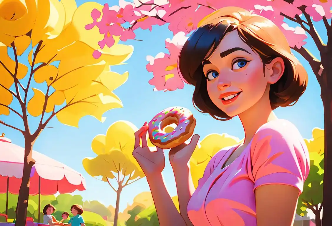 Delighted young woman enjoying a donut, wearing a colorful vintage dress, sunny park setting with kids playing..