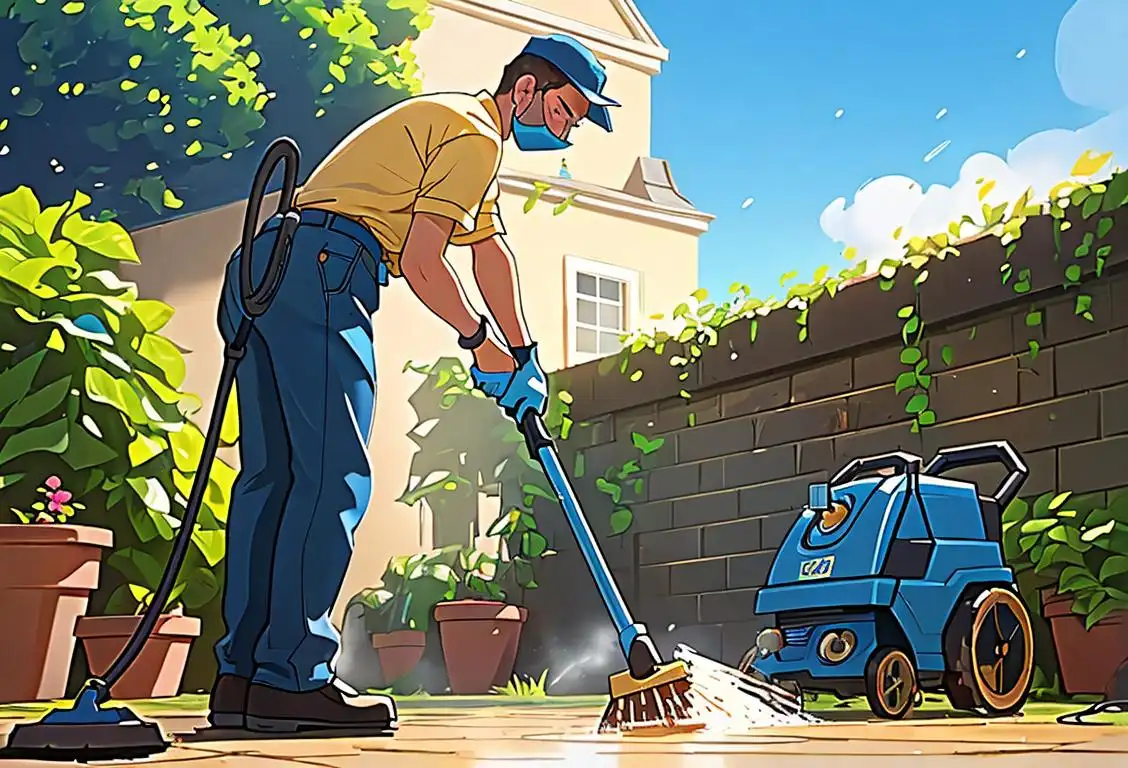 A person in protective gear wielding a pressure washer to clean a dirty outdoor patio, surrounded by a lush garden with bright blue sky above..
