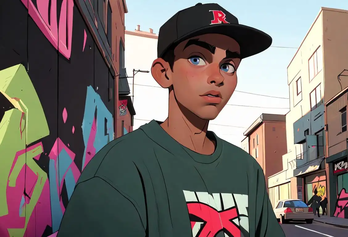 Young man named Kyle, wearing a baseball cap, skateboard in hand, urban street scene with graffiti art..