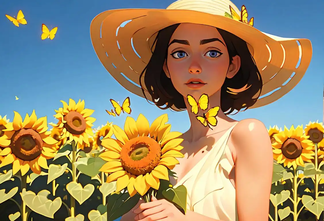 Young woman holding a bouquet of sunflowers, wearing a sun hat, in a sunny meadow surrounded by butterflies..
