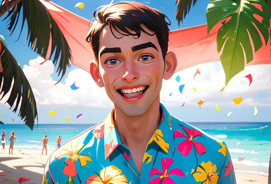 Young man grinning with joy, wearing a colorful Hawaiian shirt, beach setting, surrounded by confetti and party decorations..