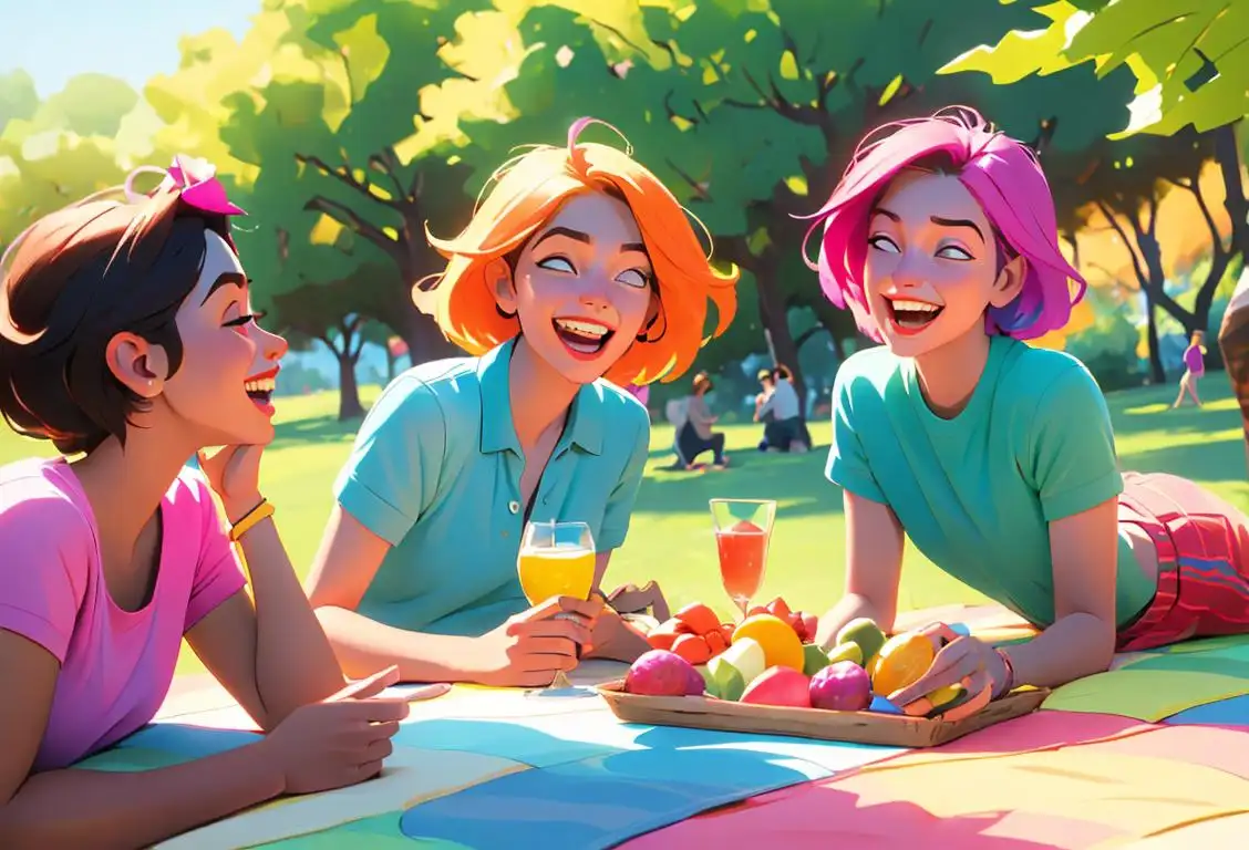A group of friends laughing and joyfully enjoying a picnic in a colorful, nature-filled setting, dressed in vibrant and trendy summer attire..