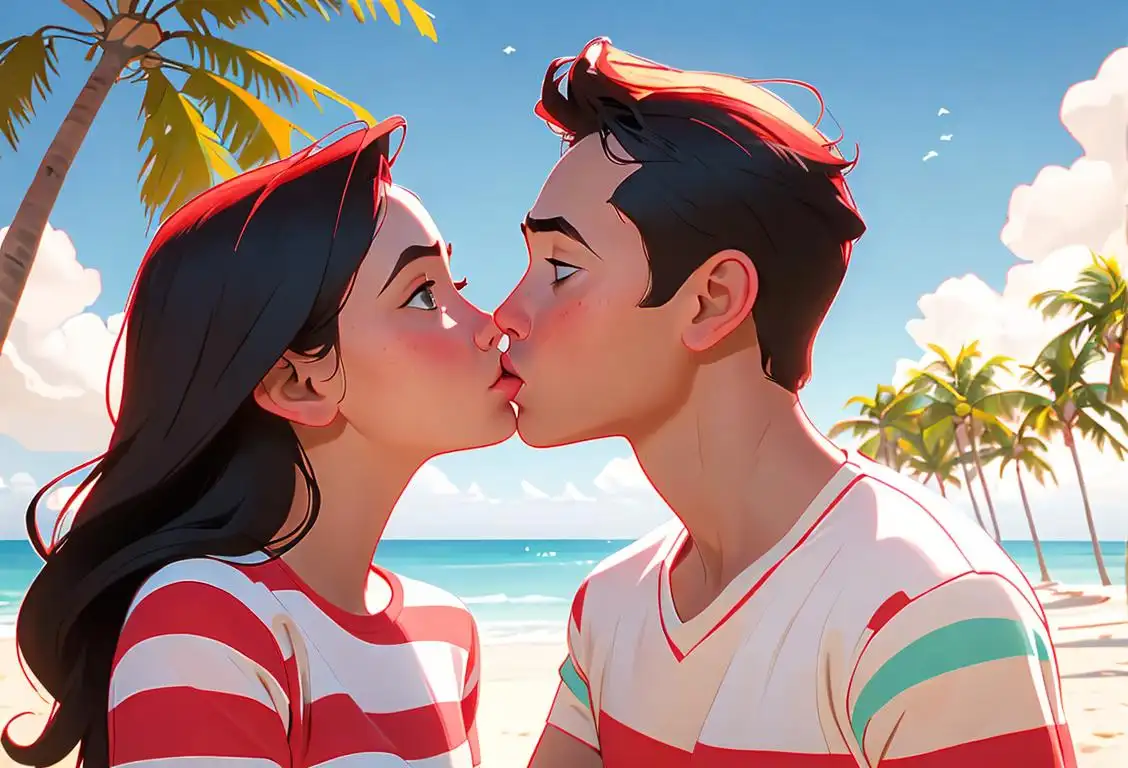 Young couple sharing a besito, wearing matching red and white striped shirts, beach setting with palm trees in the background..