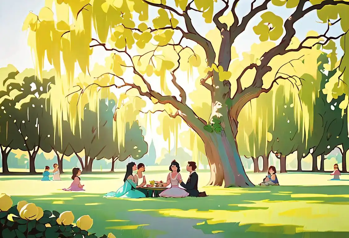 Whimsical scene of people picnicking under a majestic willow tree, wearing flowy dresses, vintage fashion, enchanted garden setting..