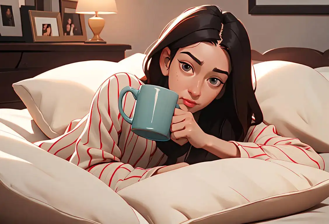 Cozy scene of a person in pajamas, holding a mug of coffee, surrounded by pillows and blankets.