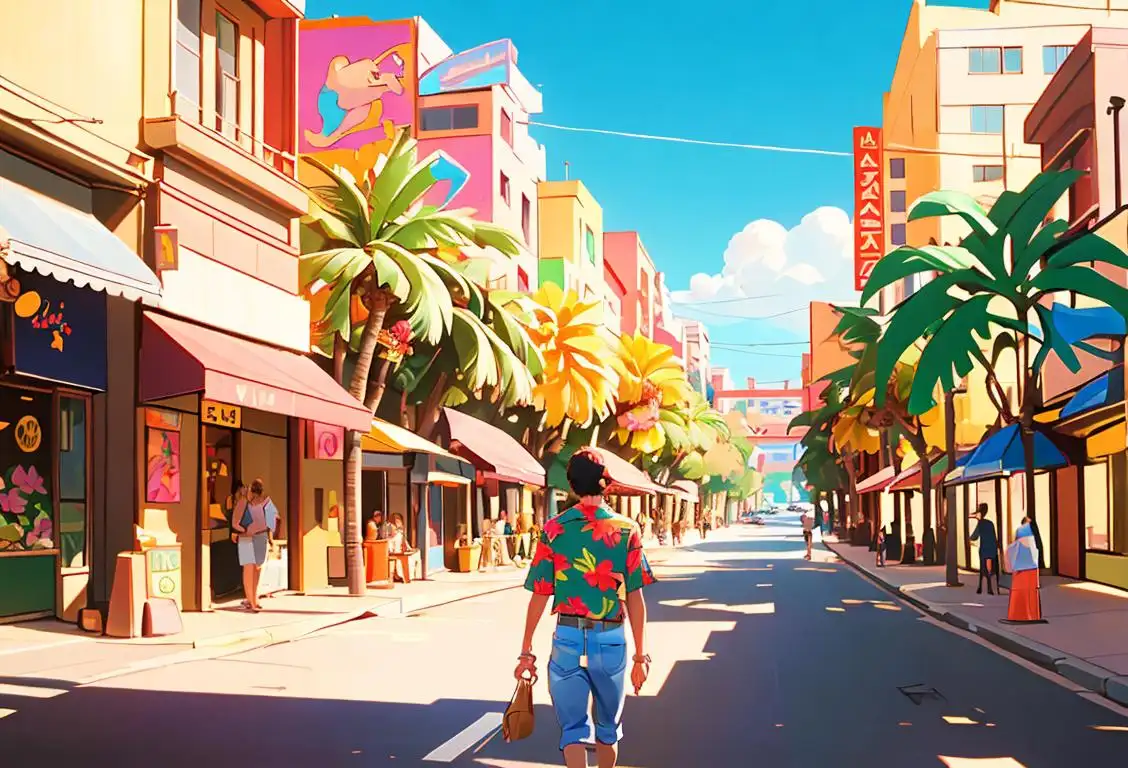 Young adult walking down a sunny street, wearing oversized sunglasses, colorful Hawaiian shirt, lively city scene..