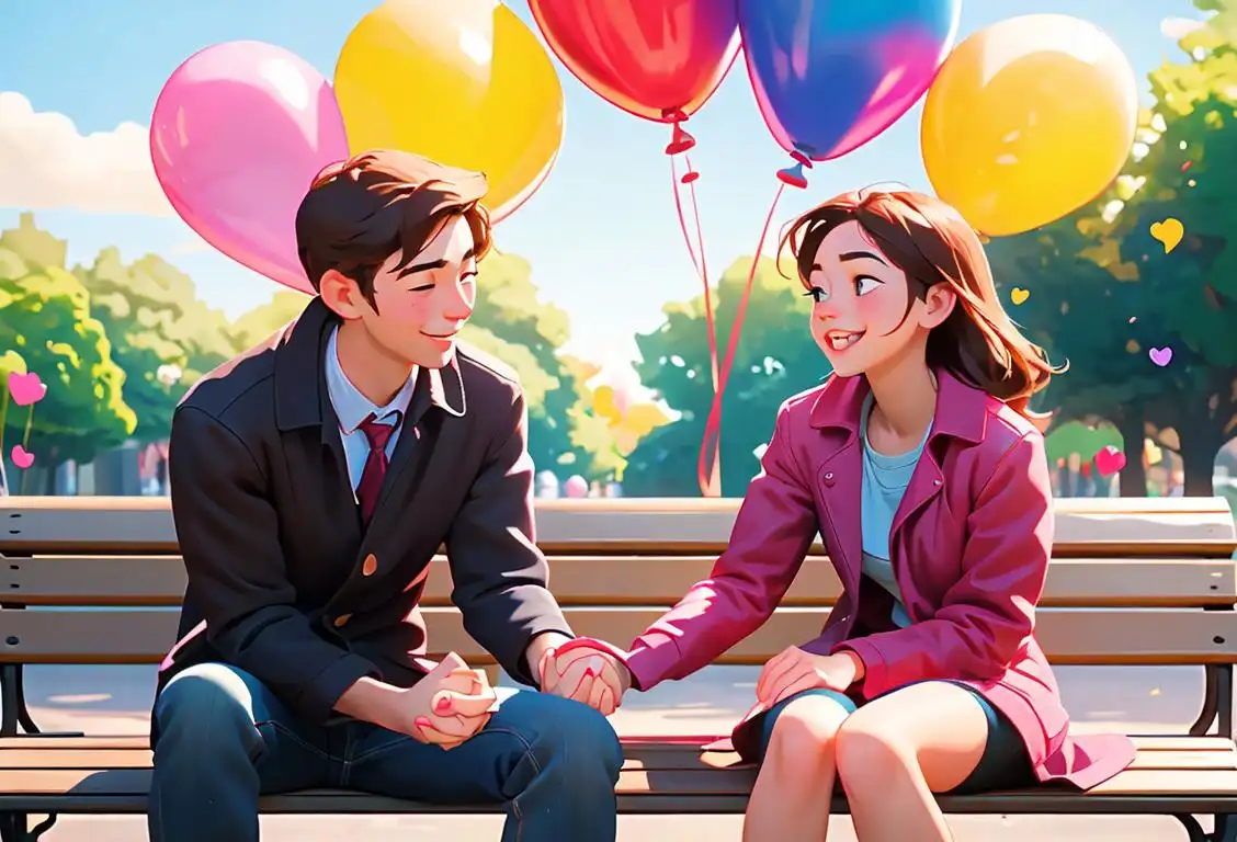 Young couple holding hands, sitting on a park bench, surrounded by colorful balloons and smiling warmly at each other..