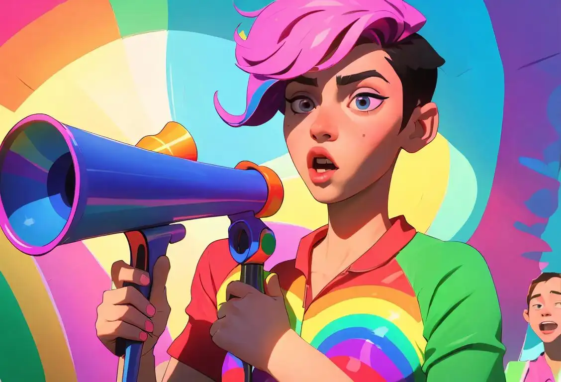 Young person wearing a colorful rainbow outfit with a megaphone, surrounded by supportive friends, LGBT pride parade happening in the background..