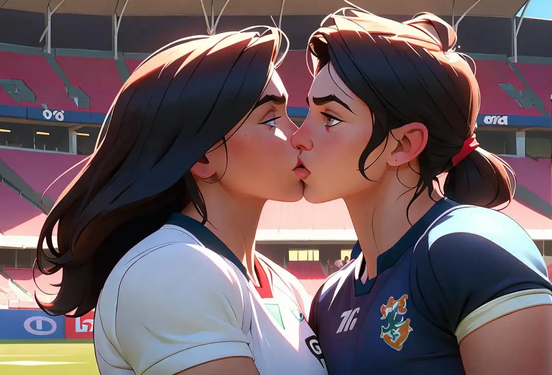 Young woman kissing a rugby player with rugged charm, wearing athletic attire in a stadium setting.