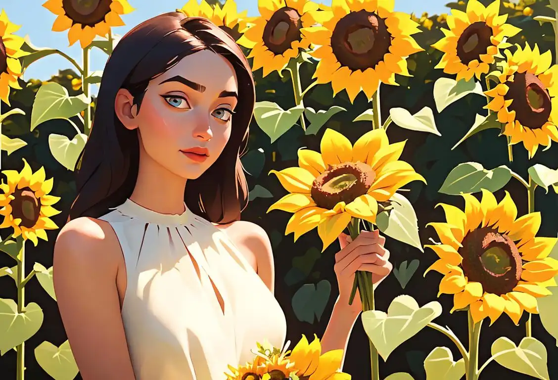 Young woman holding a bouquet of sunflowers, wearing a sundress, in a beautiful garden surrounded by butterflies..