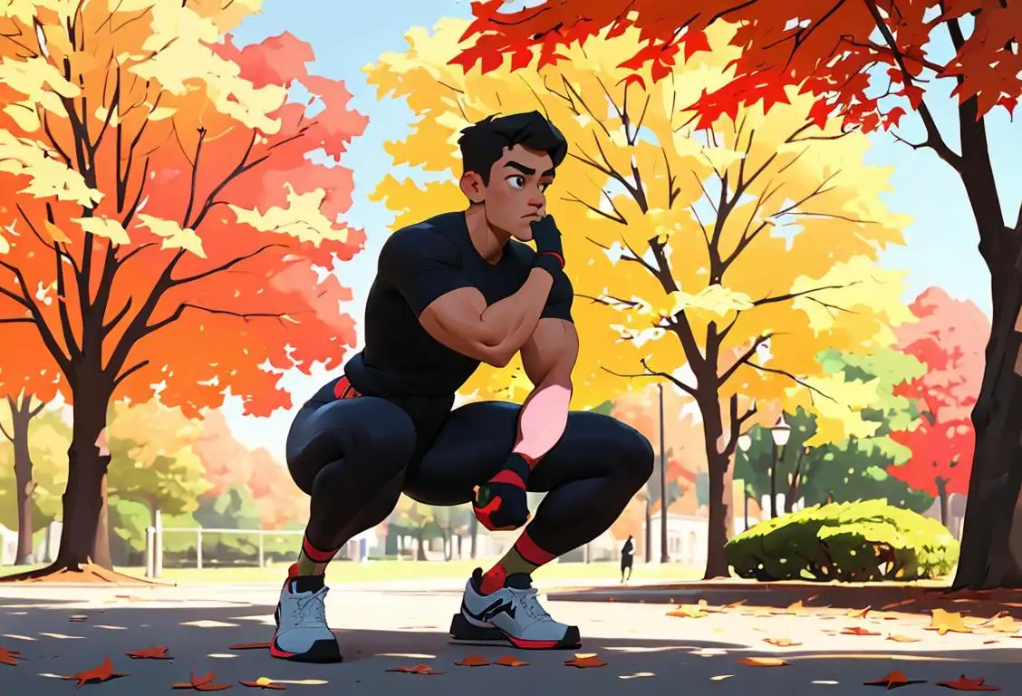 Fit man in workout attire, doing squats in a park, surrounded by motivational fitness quotes and vibrant autumn leaves..