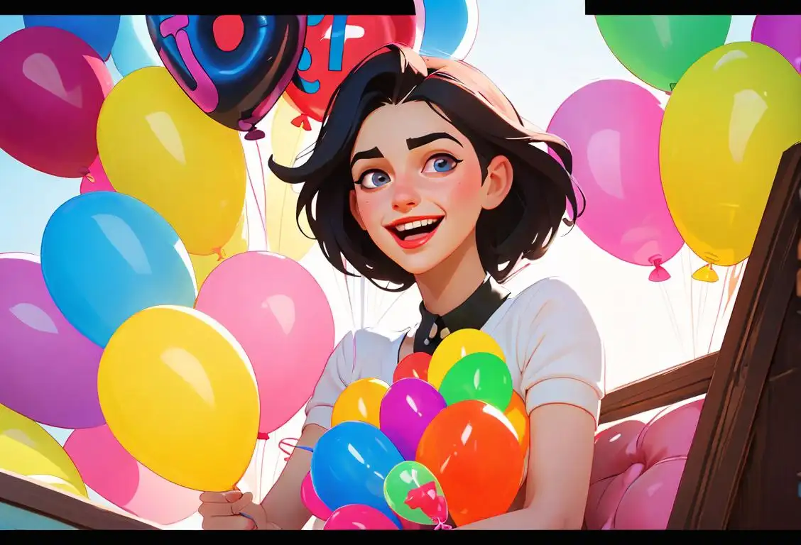Young adult with colorful balloons, wearing retro clothing, joyful expression, celebratory atmosphere..