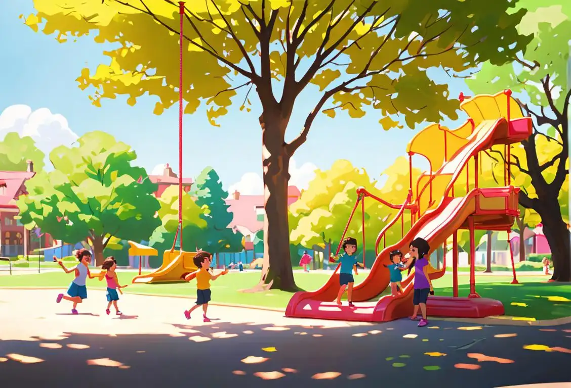 Happy kids playing on swings and slides, wearing colorful clothes, in a sunny park surrounded by trees and laughter..