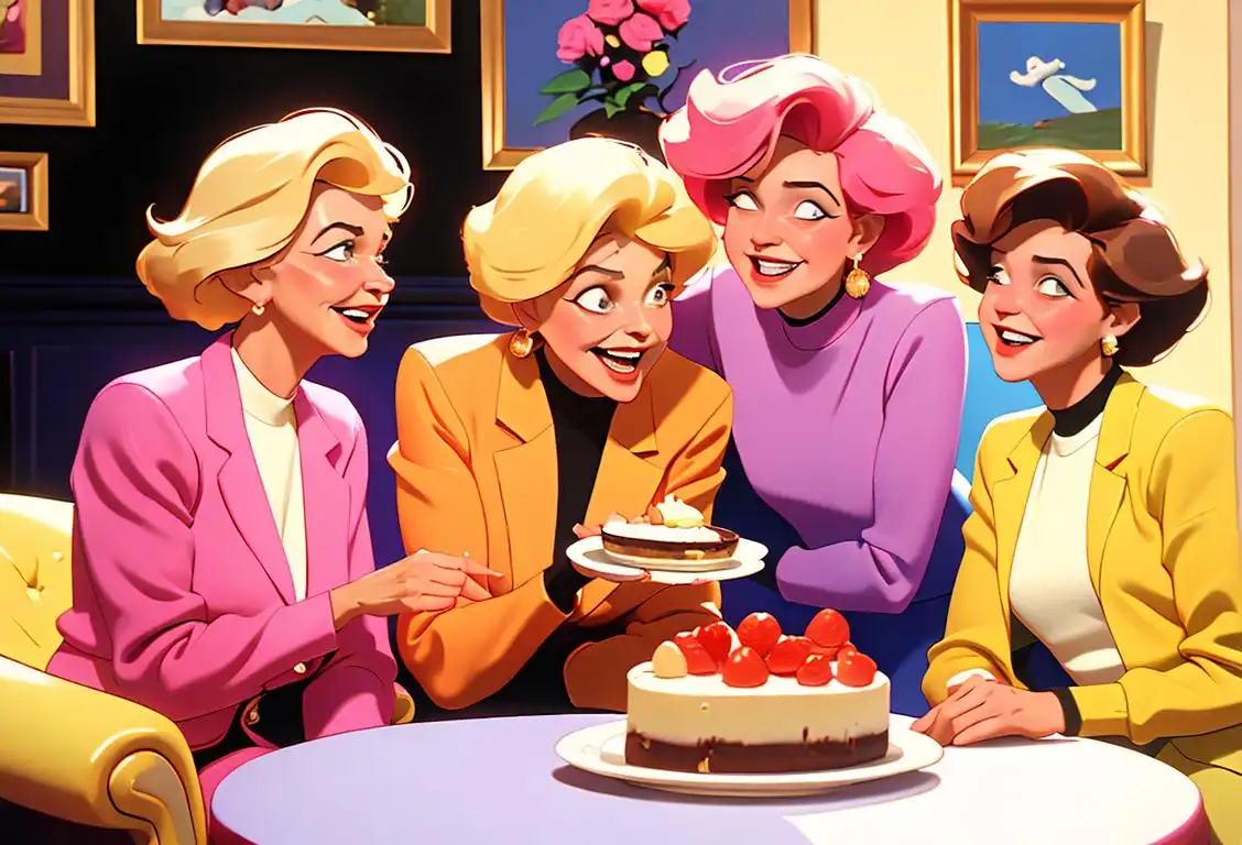 Four women in colorful outfits, holding cheesecake, laughing in a cozy living room with 80s style decor..