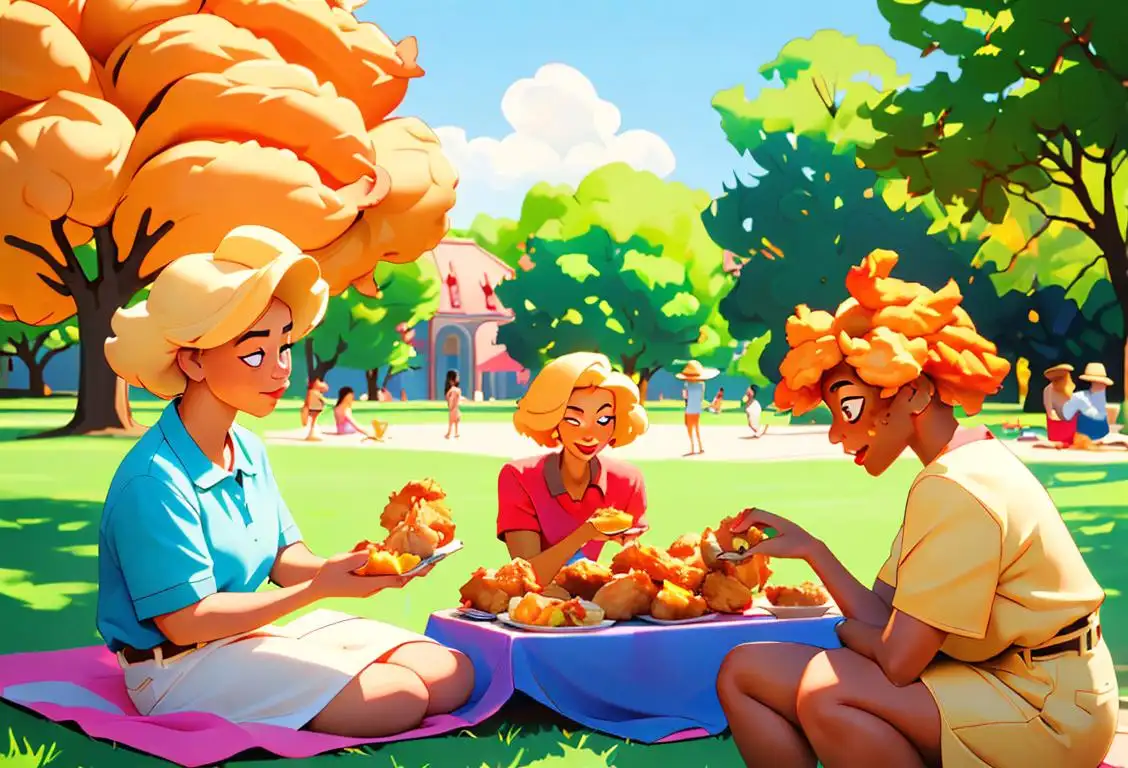 A group of diverse individuals, wearing colorful summer outfits, enjoying a picnic in a sunny park, surrounded by plates of golden crispy fried chicken..