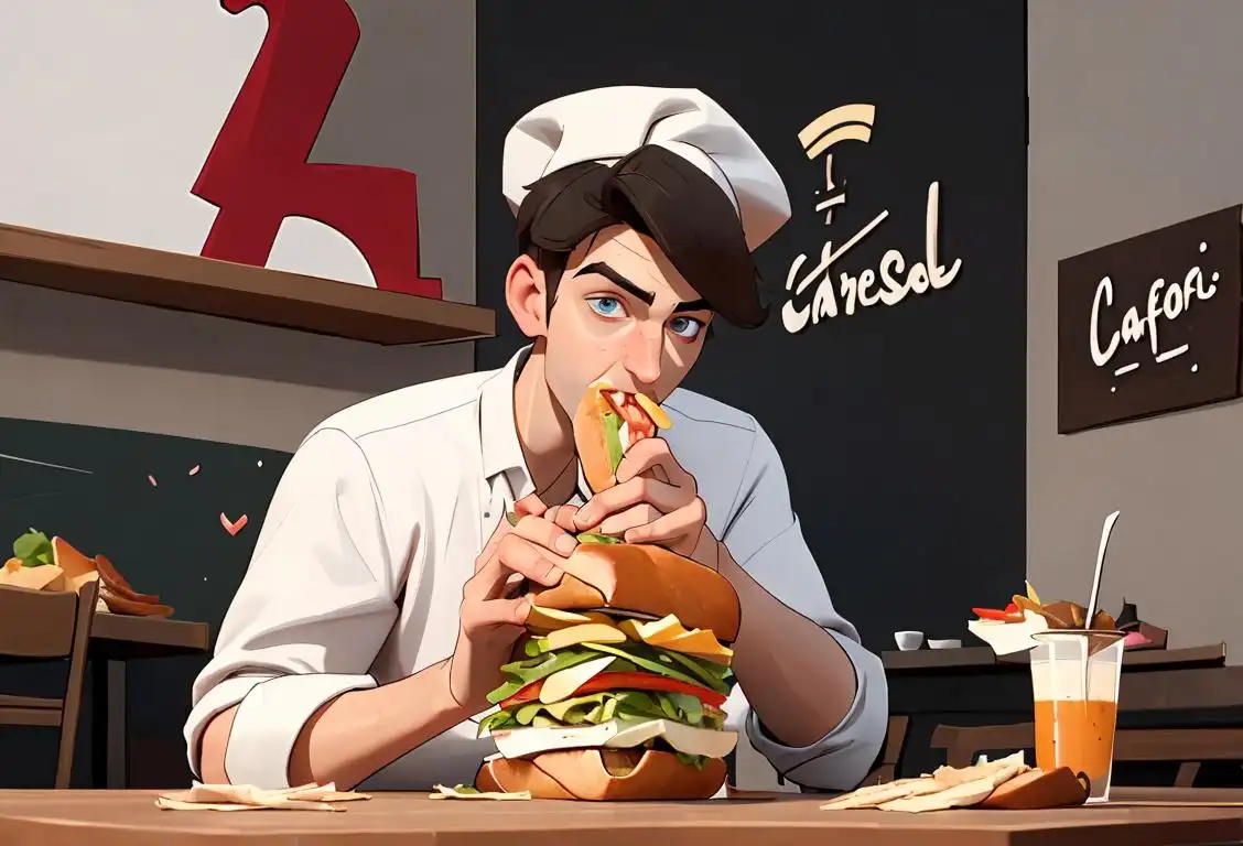 Young man eating a messy sandwich, wearing a chef hat, trendy urban cafe setting..