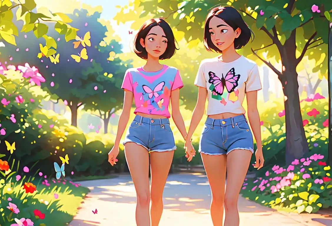 "Two friends walking in a sunlit park, wearing matching t-shirts, denim shorts, and sneakers, surrounded by colorful flowers and butterflies.".