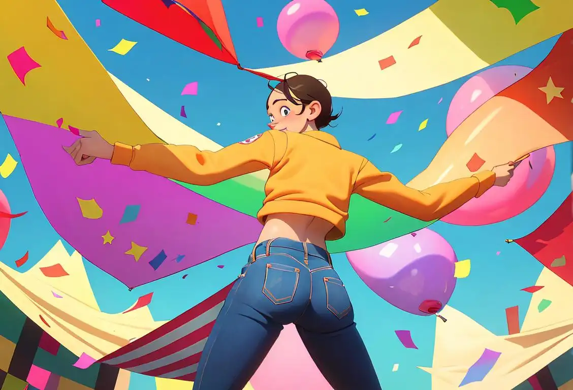 Cheerful individual in casual attire, holding a 'Flat Ass' banner surrounded by colorful confetti and a lively parade float in the background..