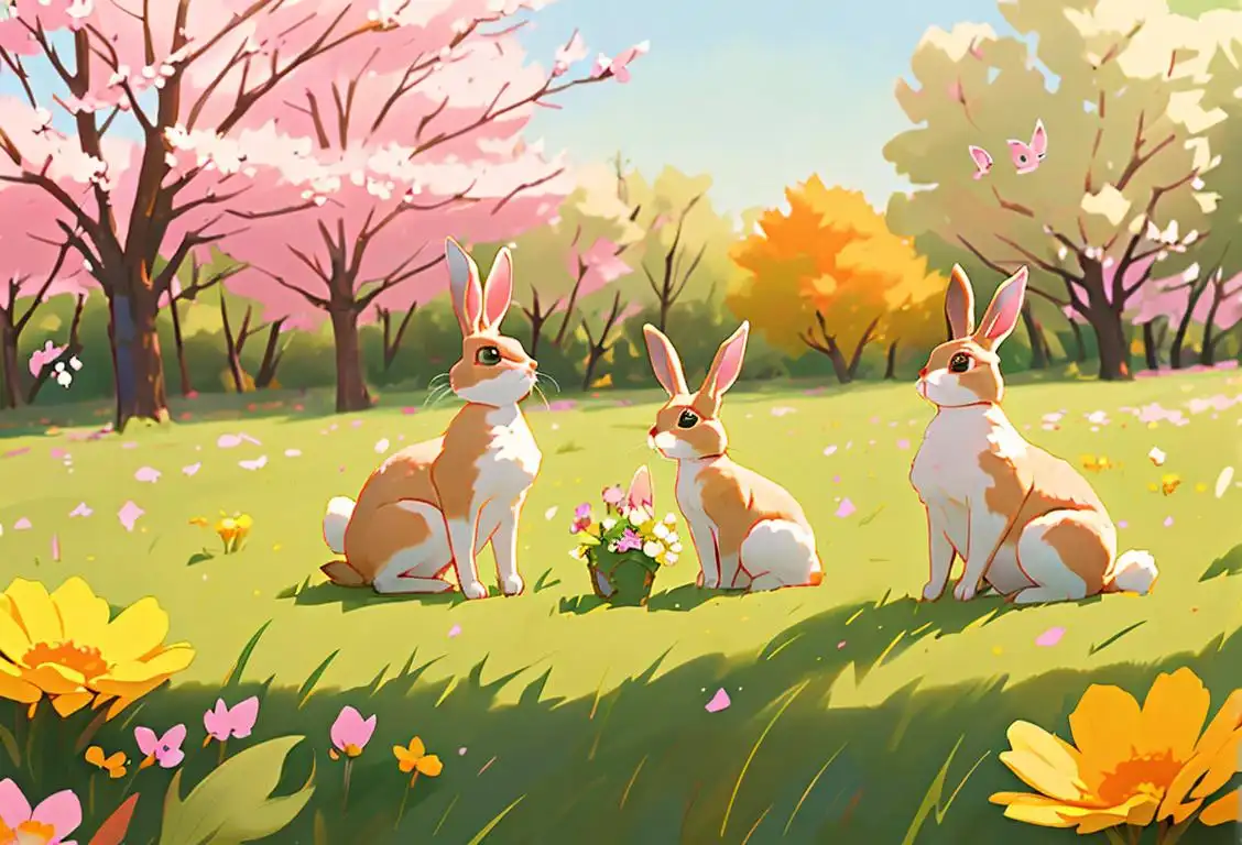 Happy children in a grassy field, playing with fluffy toy bunnies, wearing colorful spring outfits, surrounded by blooming flowers..