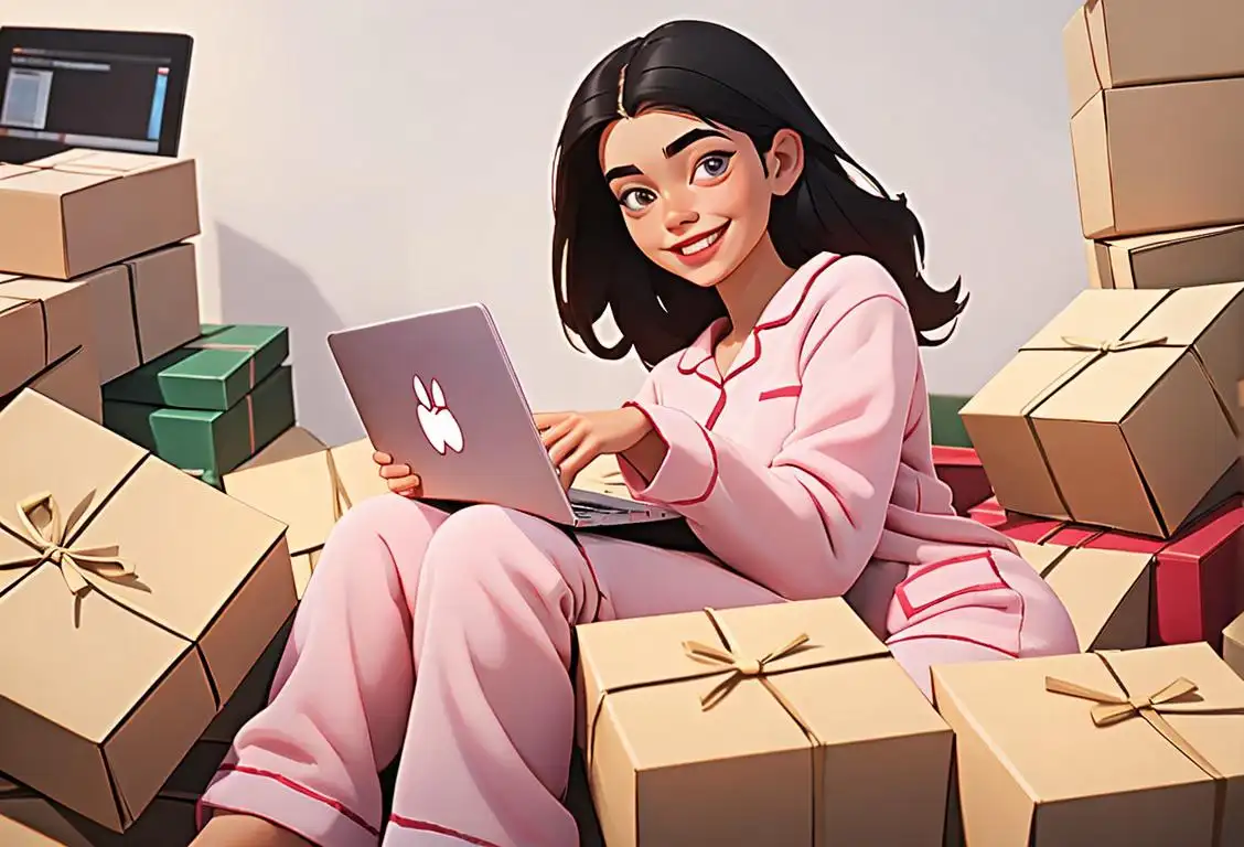 Young woman smiling with excitement while holding a laptop, wearing cozy pajamas, surrounded by packages, online shopping paradise..