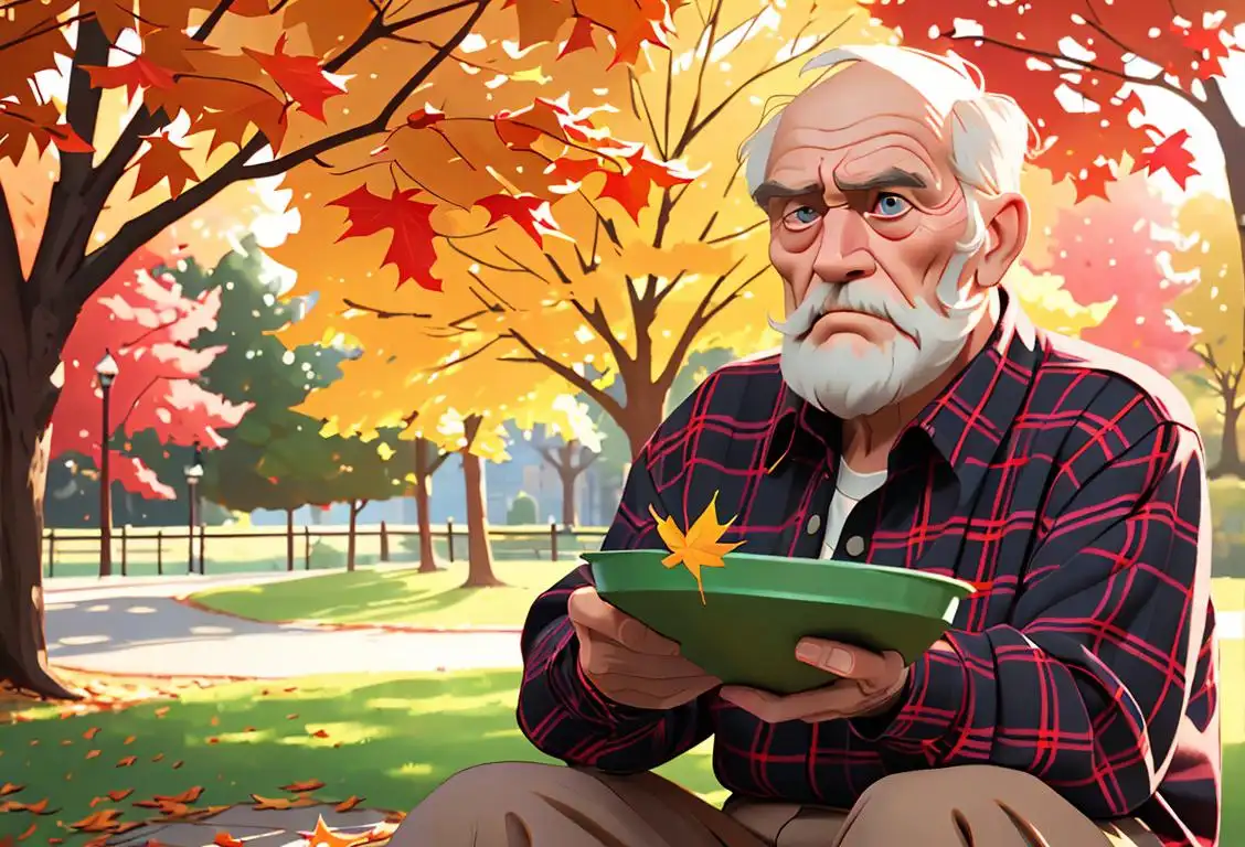 A grumpy elderly man, wearing a plaid shirt, sitting in a park filled with colorful autumn leaves..