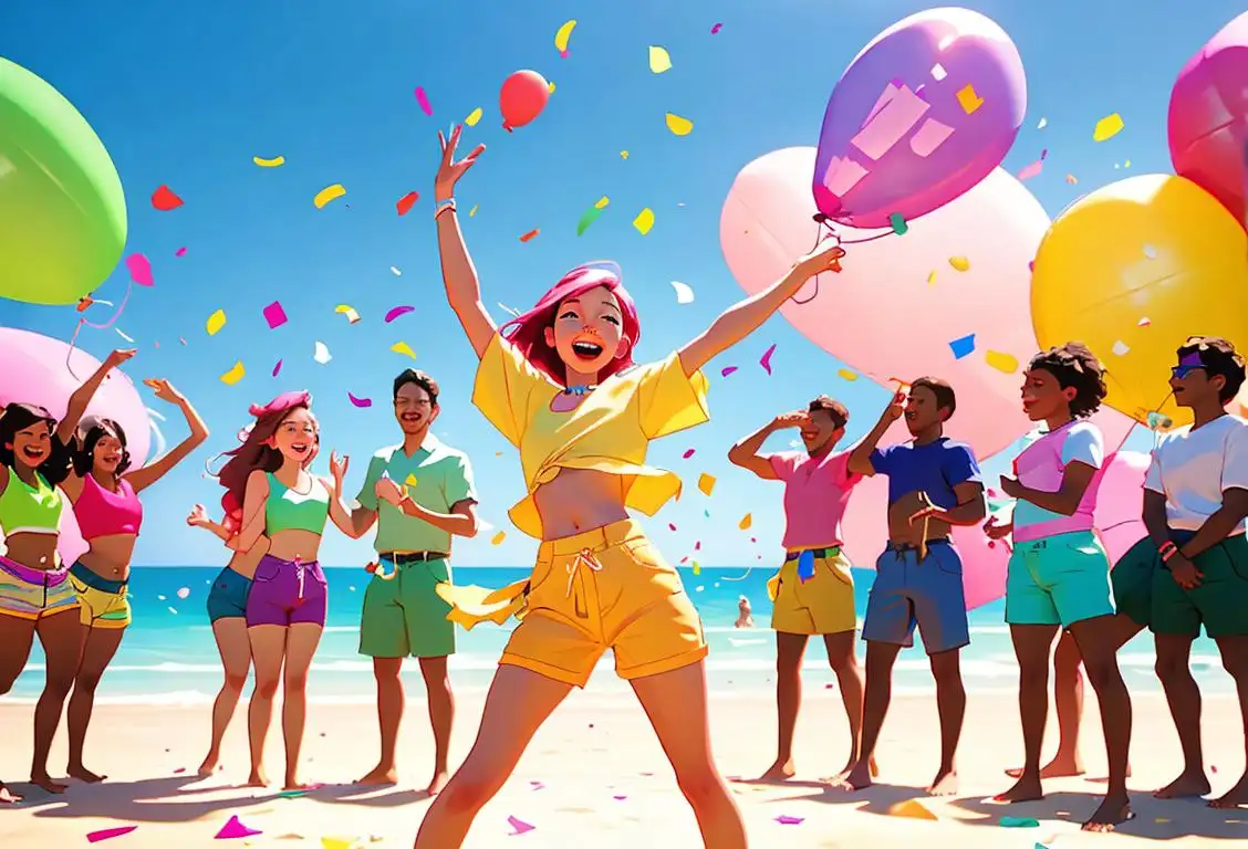 A joyful group of diverse individuals wearing colorful shorts, dancing at a beach party, with balloons and confetti in the air..