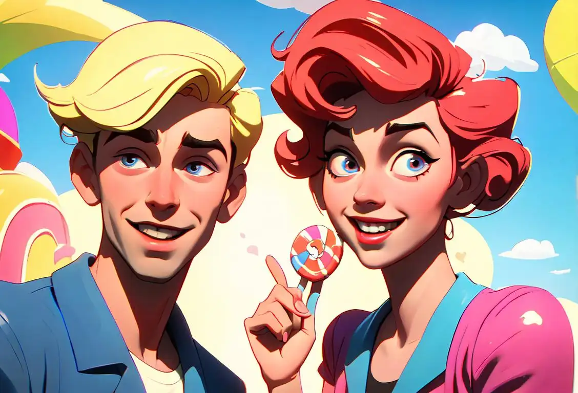 Young couple smiling while sharing a lollipop, wearing colorful 50s retro fashion, vintage amusement park setting..