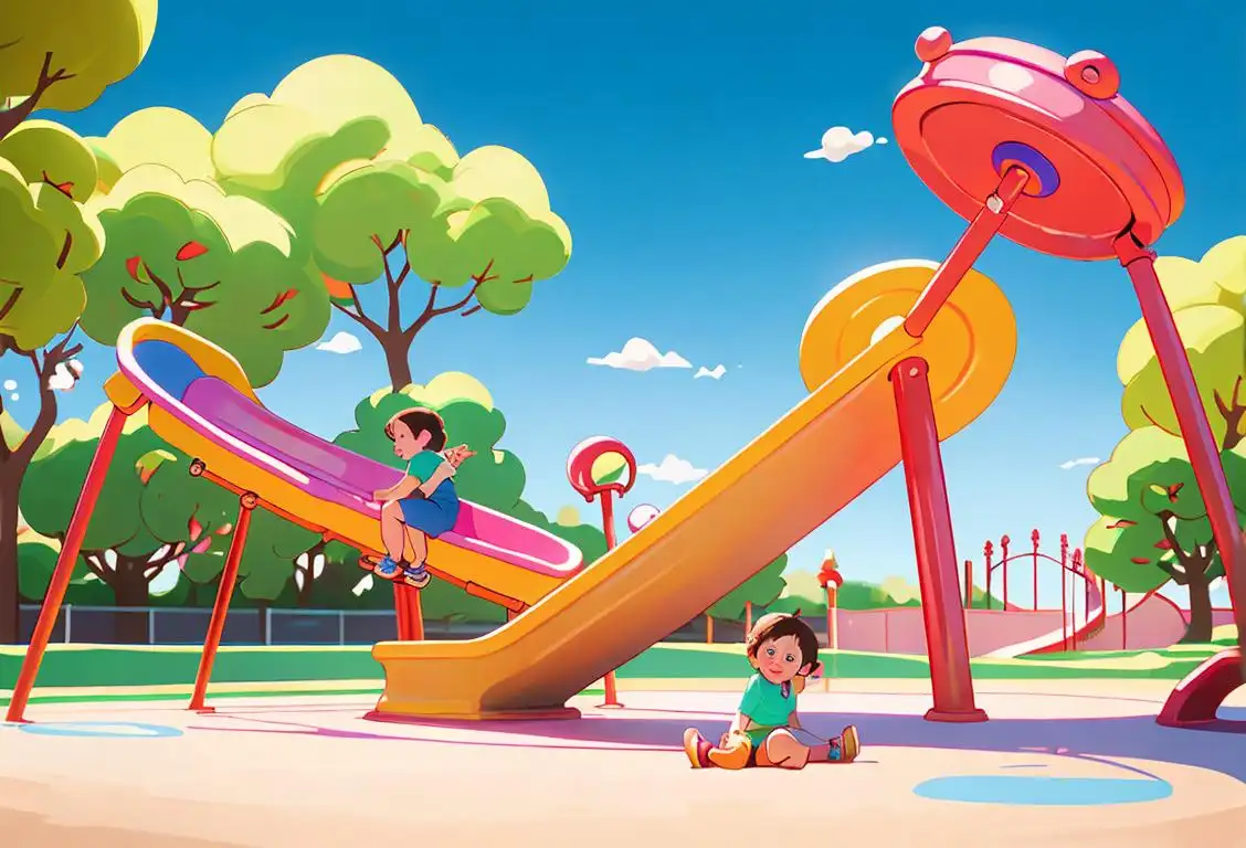 A child wearing a colorful t-shirt, exploring an outdoor playground filled with circular swings, slides, and merry-go-rounds..