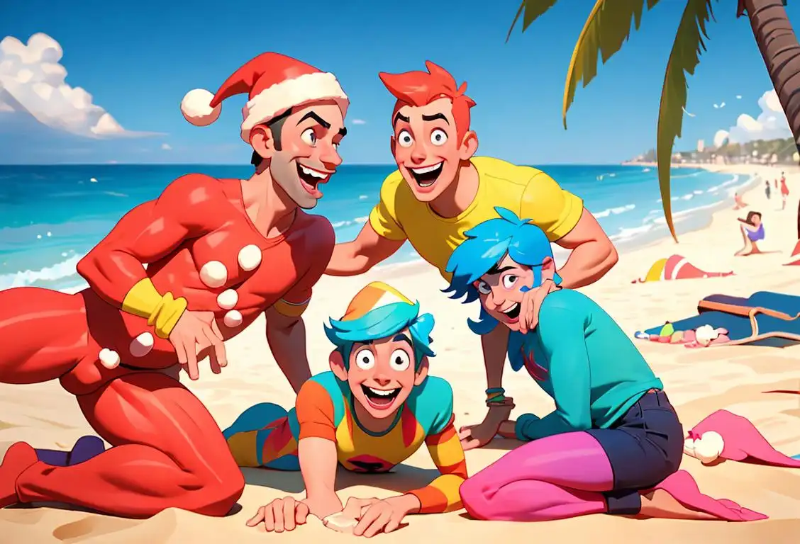 A group of friends laughing and enjoying themselves on National Best Dick Day, wearing colorful and festive attire, happy beach scene..