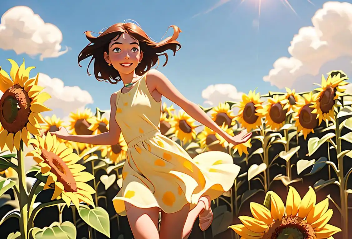 Young woman joyfully skipping through a sunflower field, wearing a flowy summer dress, basking in the warm rays of the sun..