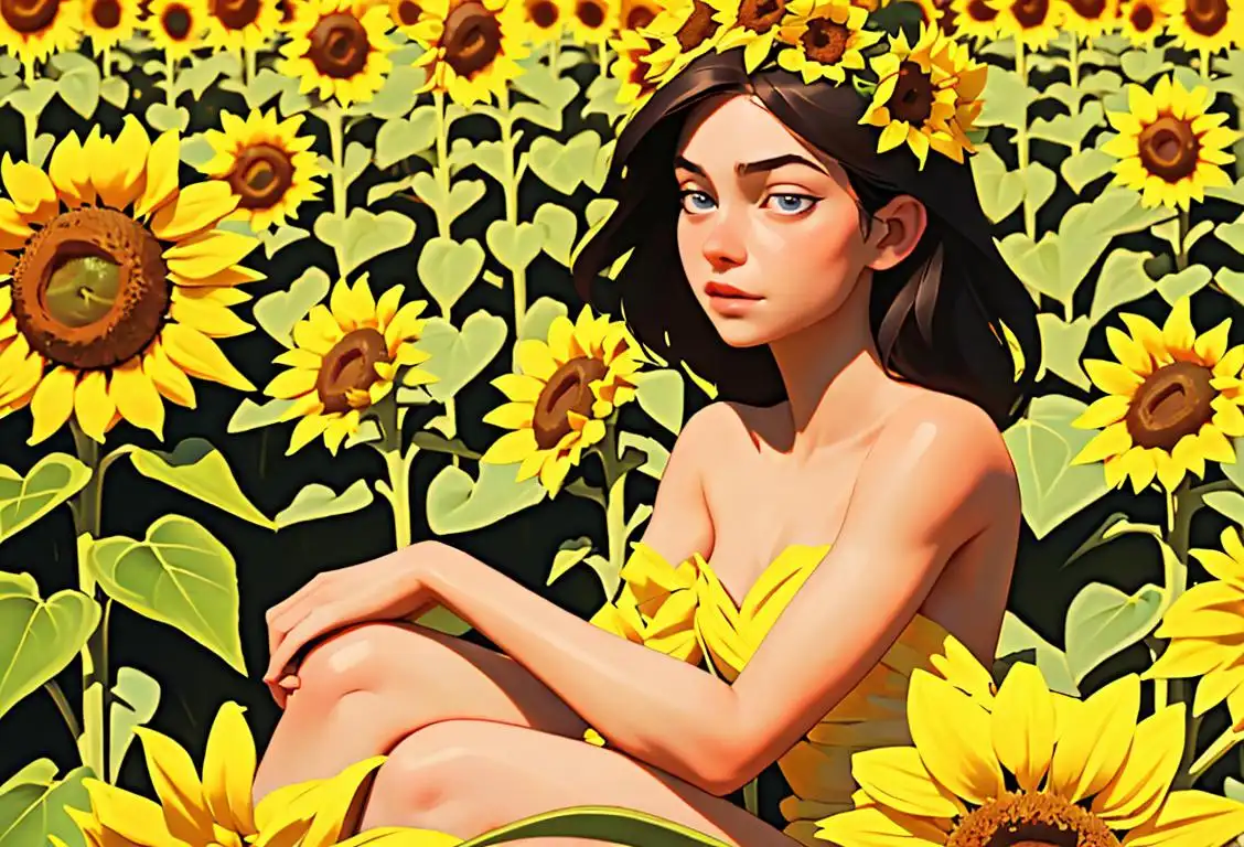 Young woman with a flower crown, sitting in a field of sunflowers, embodying the free-spirited essence of National Topless Day..
