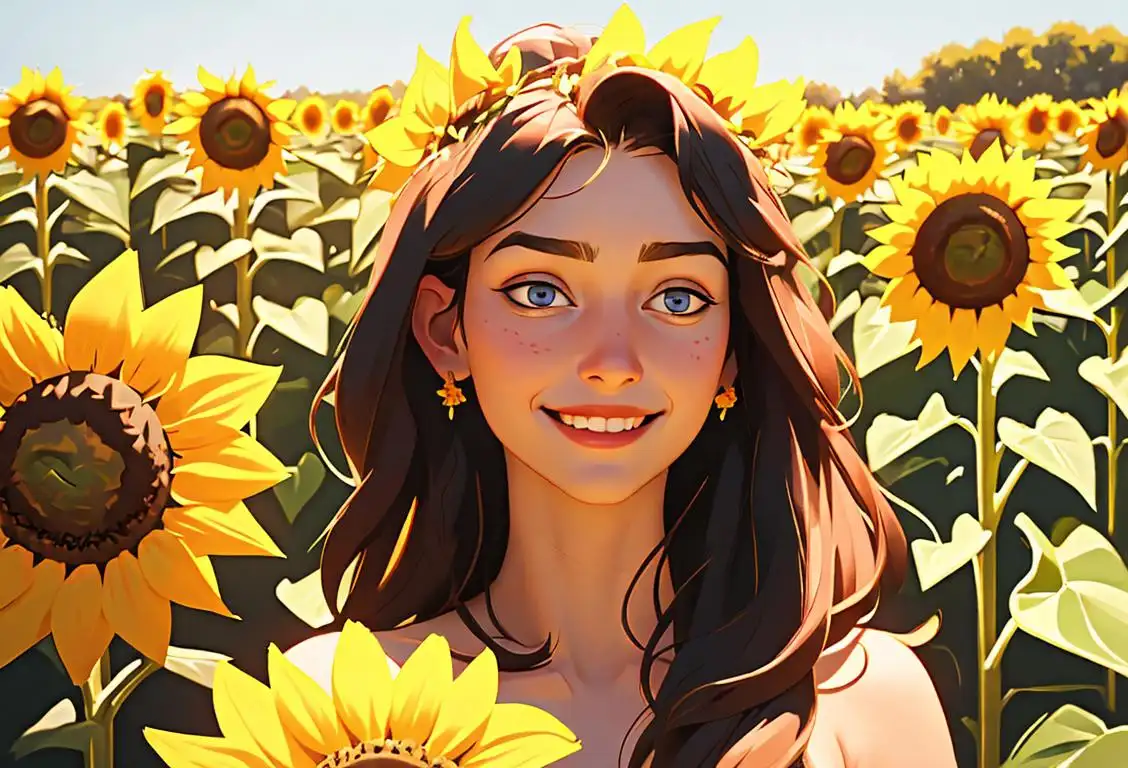 Young woman smiling with a flower crown, boho fashion style, surrounded by a field of sunflowers..