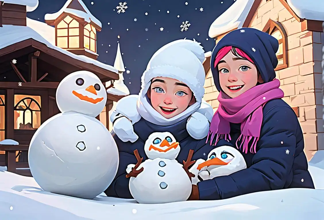 Joyful children building a snowman in a winter wonderland, bundled up in colorful scarves and hats, surrounded by sparkling snowflakes..