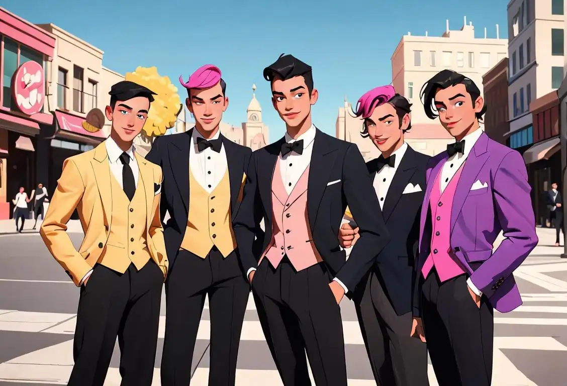 A group of well-dressed pretty boys with charming smiles, posing against a vibrant city backdrop. Trendy clothing, urban fashion, and confident expressions..