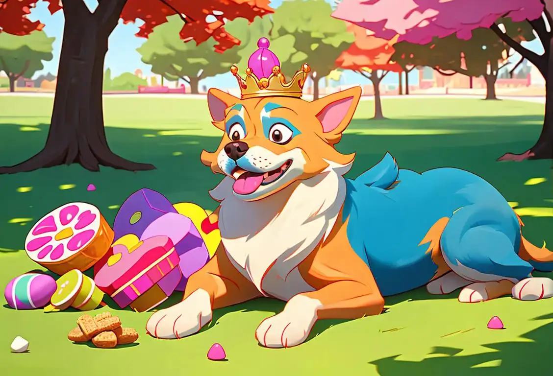 Happy dog with a crown, surrounded by treats and toys, in a colorful park setting..