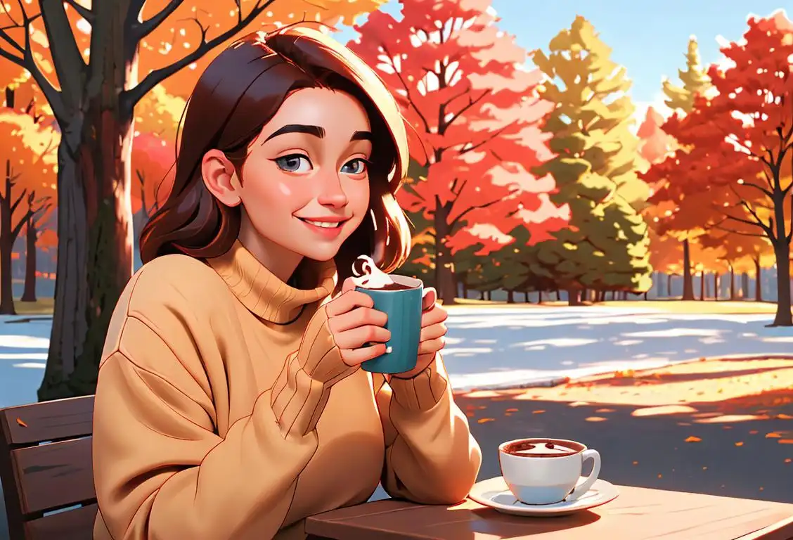 Young adult with a warm smile, wearing cozy sweater, surrounded by autumn trees and enjoying a deliciously thick hot chocolate..