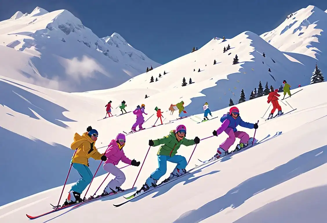 A group of skiers and snowboarders laughing and enjoying a snowy mountain slope, wearing colorful winter gear, capturing the energy of National Powder Day..