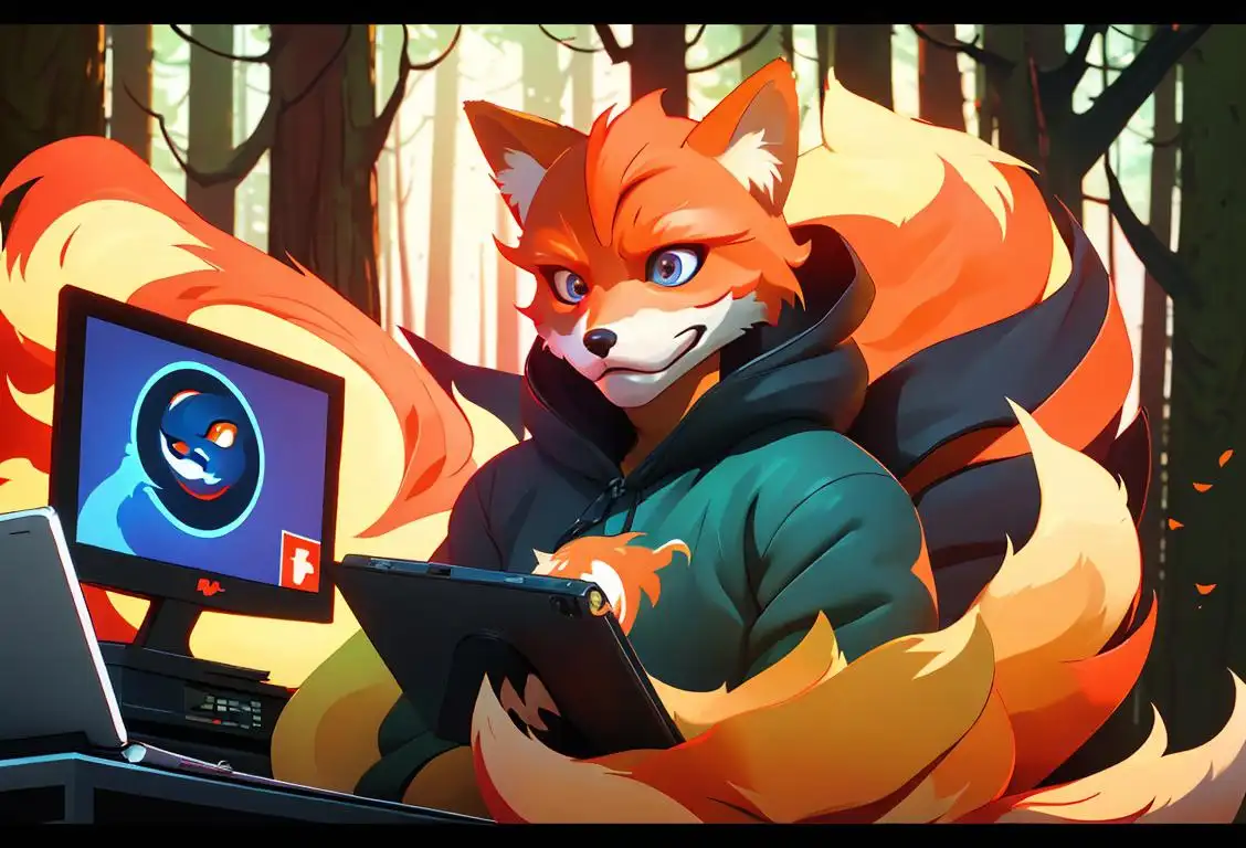 A person browsing the internet with a fox mask on, surrounded by forests and computer screens displaying the Firefox logo..