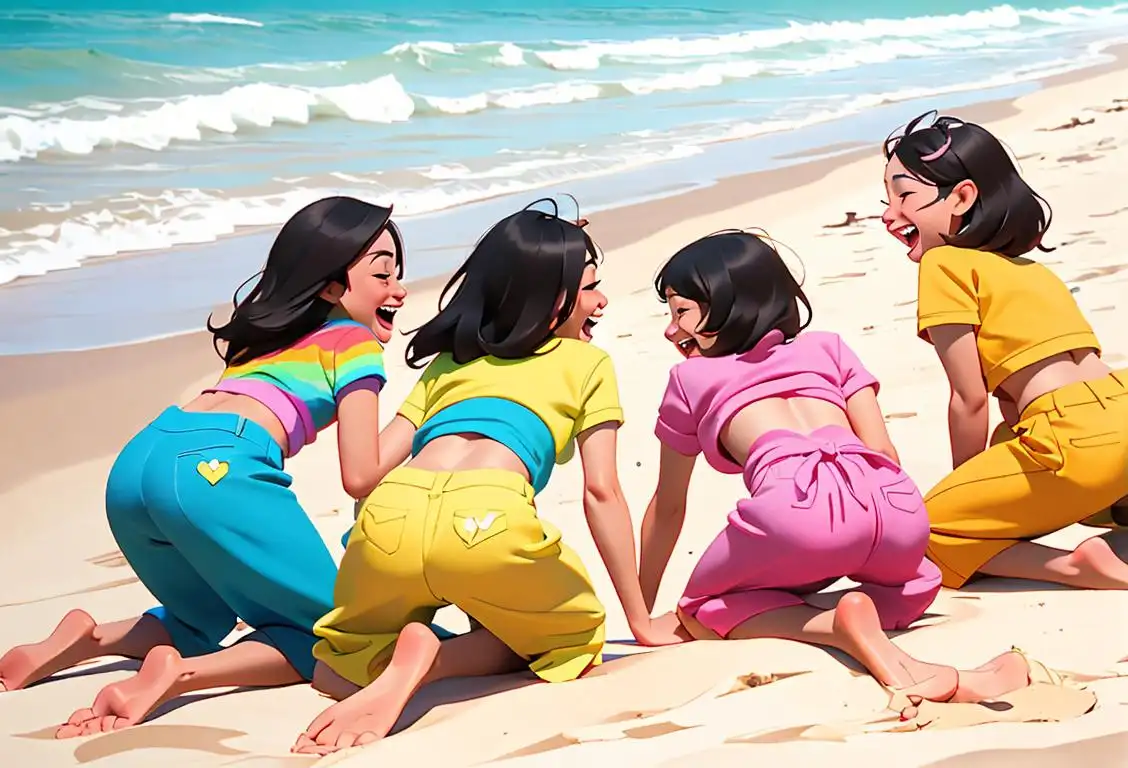 Joyful group of people laughing and wearing colorful, summer clothing, beach setting, celebrating National Anal Day with playful enthusiasm..