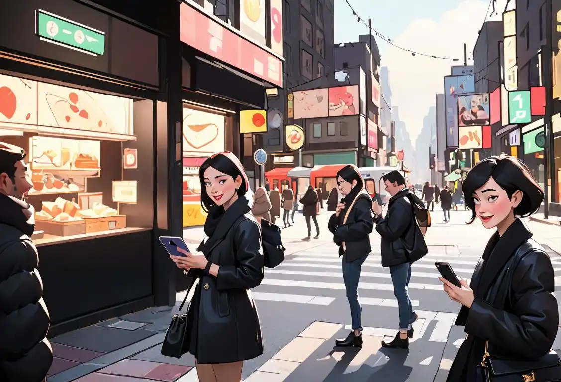 Happy person receiving multiple notifications on their phone, stylishly dressed in trendy clothes, surrounded by a bustling city scene..