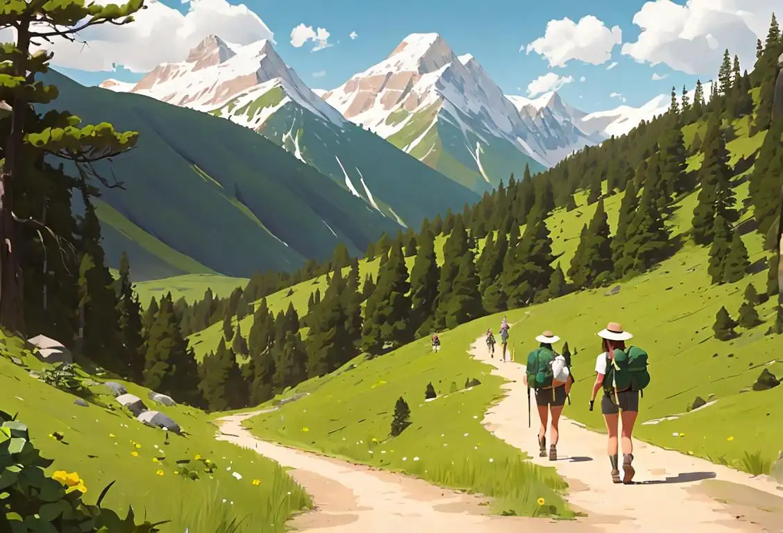 Happy hikers enjoying a serene mountain trail, with stylish hats and backpacks, surrounded by lush greenery..