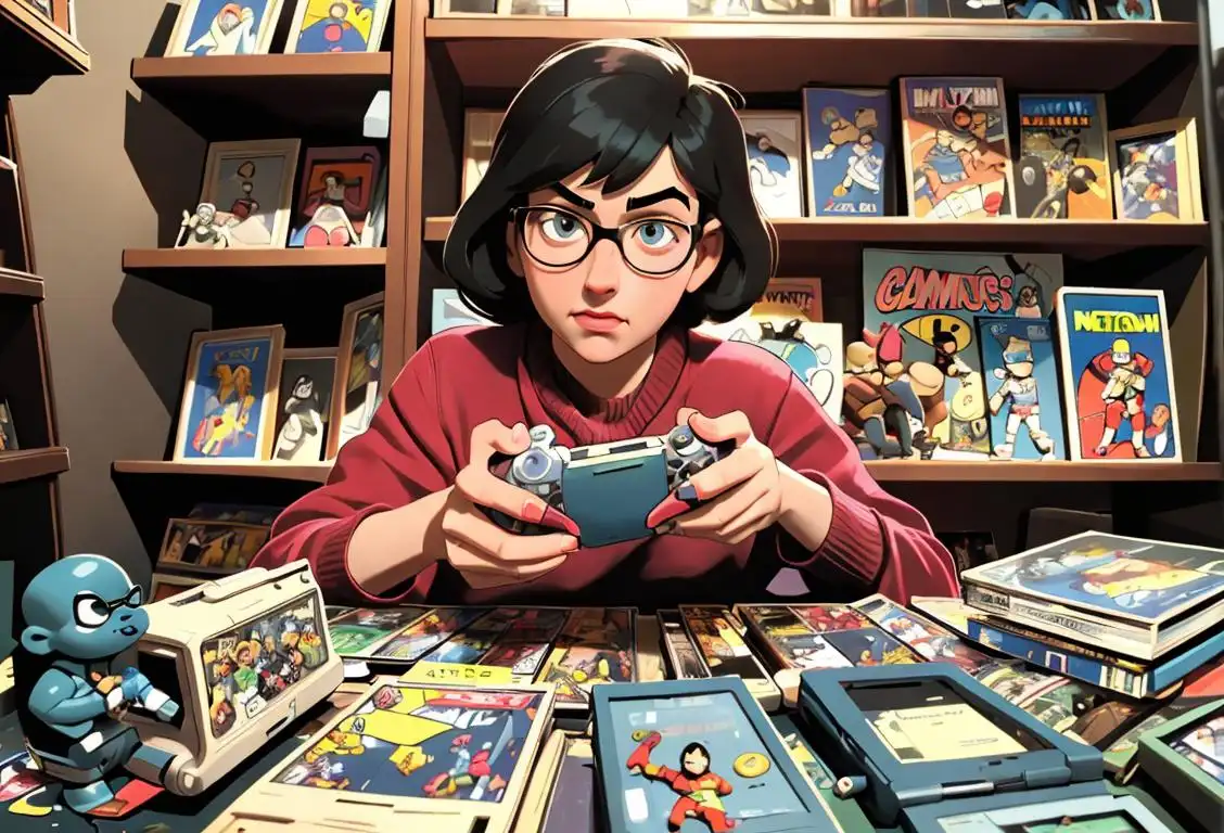 Young adult wearing glasses, holding a vintage Gameboy, surrounded by shelves filled with comic books and action figures..