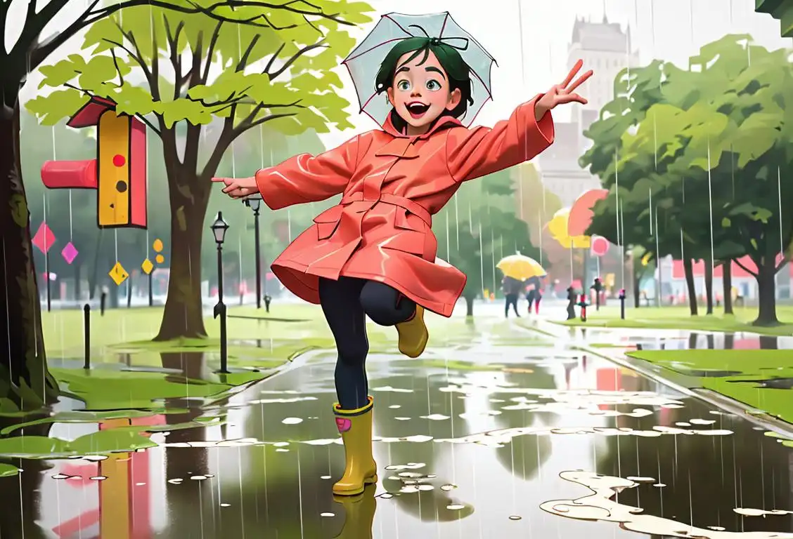 Child jumping with joy over a puddle, wearing rain boots and a colorful raincoat in a green park setting..