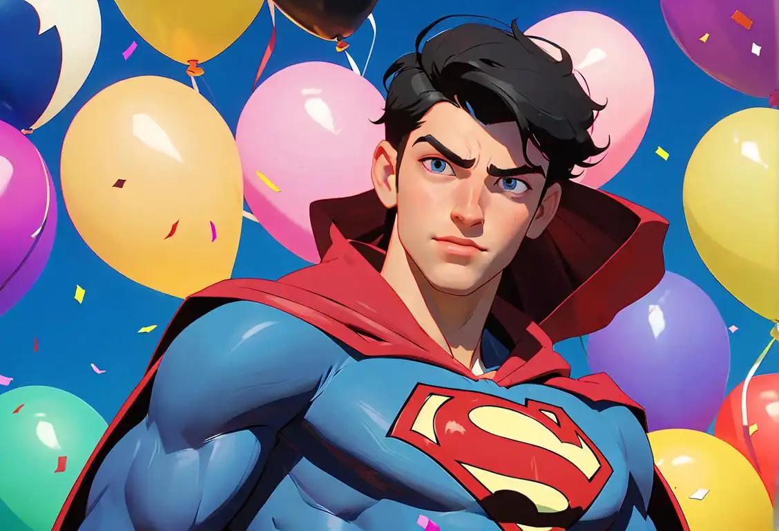Young man named Zach wearing a superhero cape, surrounded by balloons and confetti, in a vibrant Zach-themed celebration..