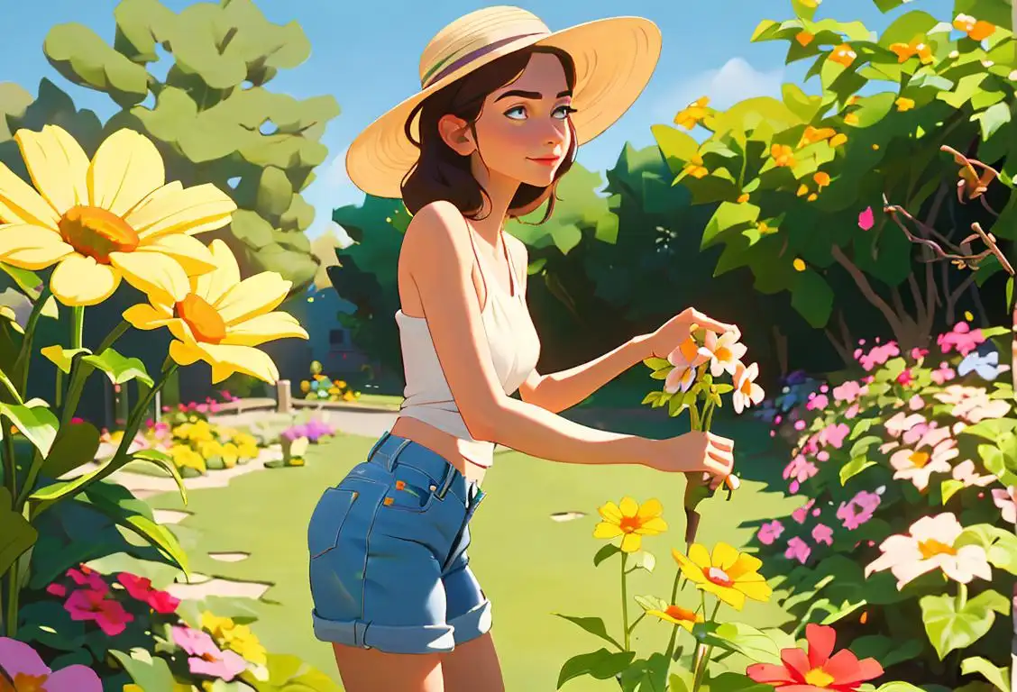 Young adult surrounded by colorful flowers, happily gardening in shorts and a sunhat, sunny springtime garden setting..