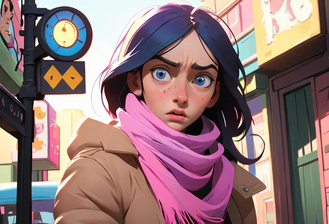 Young woman with a perplexed expression, wearing a colorful scarf, urban street setting..