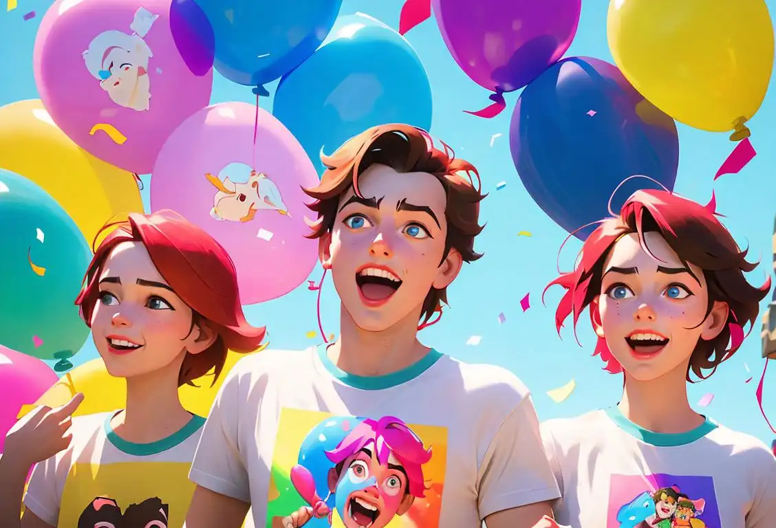 A group of cheerful individuals named Cameron, wearing colorful t-shirts, surrounded by balloons and confetti at a lively outdoor celebration..