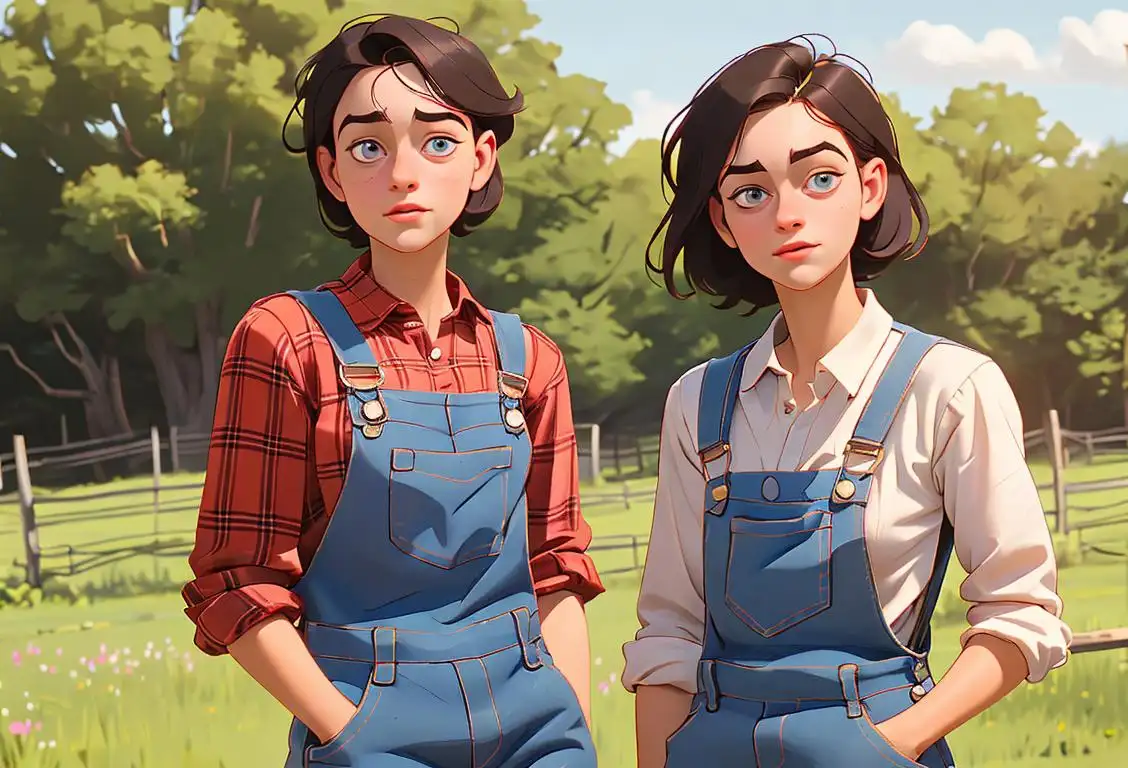 Young adult wearing dungarees, styled with a plaid shirt, standing in a rustic farm setting..