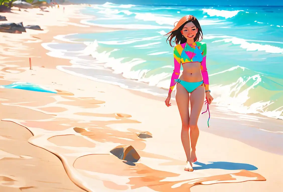 Young woman happily strolling on a sandy beach, wearing a colorful bikini with a tropical print, capturing the essence of National Bikini Day..