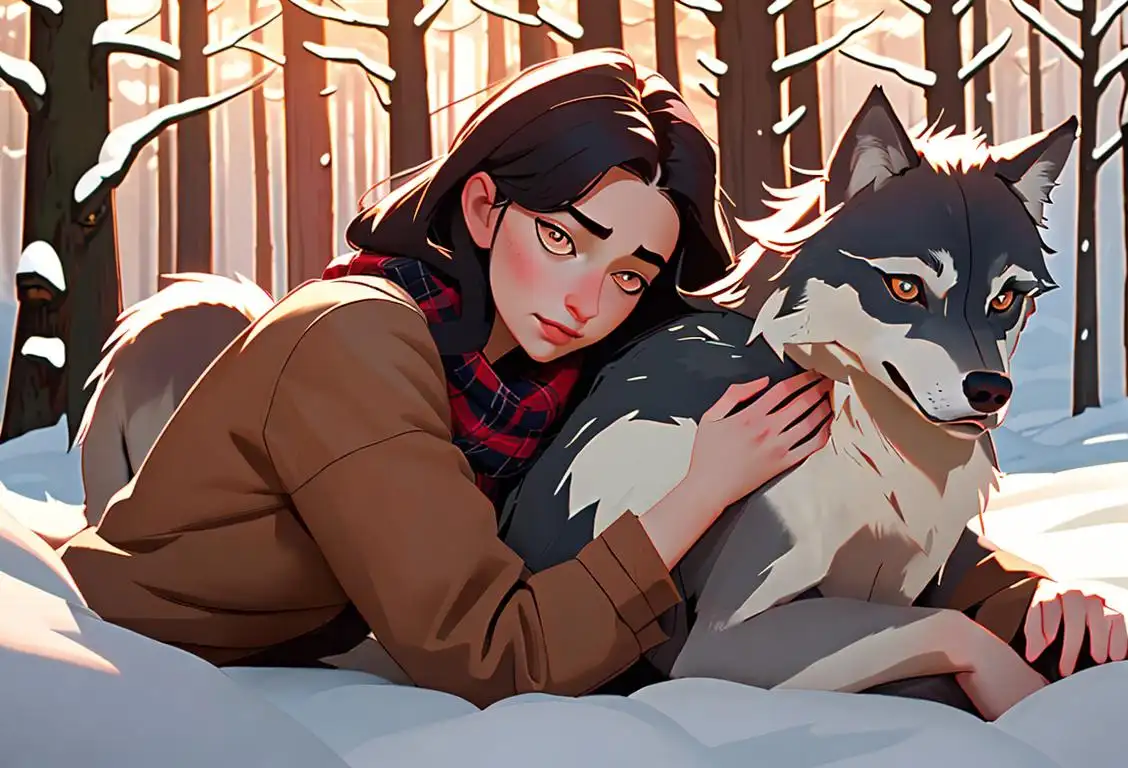 Young woman embracing a majestic wolf, dressed in cozy flannel attire, surrounded by a serene forest backdrop..